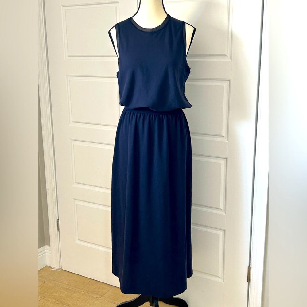 Theory stretch knit cotton blend poplin midi dress Elegant Navy Sleeveless sz M